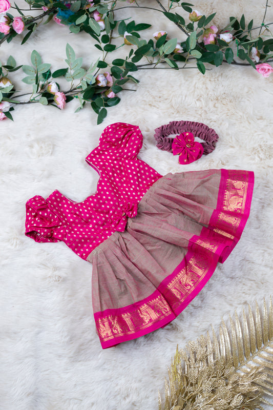 Dual shade pink with maharani pink (Vintage Bow) - Kanchi Cotton Silk South Indian Ethnic Frock for Baby Girl