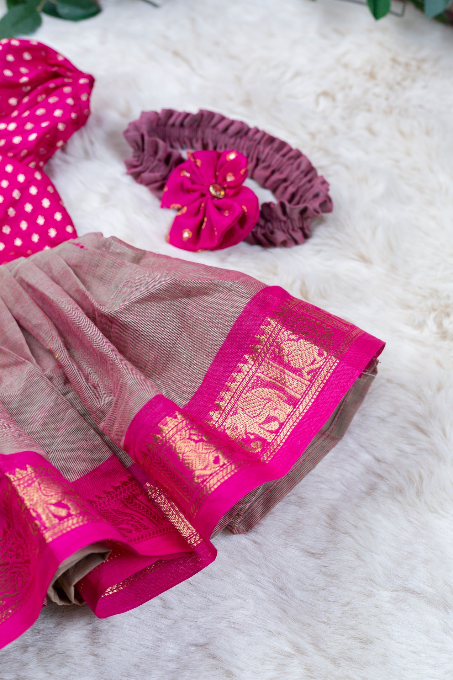 Dual shade pink with maharani pink (Vintage Bow) - Kanchi Cotton Silk South Indian Ethnic Frock for Baby Girl