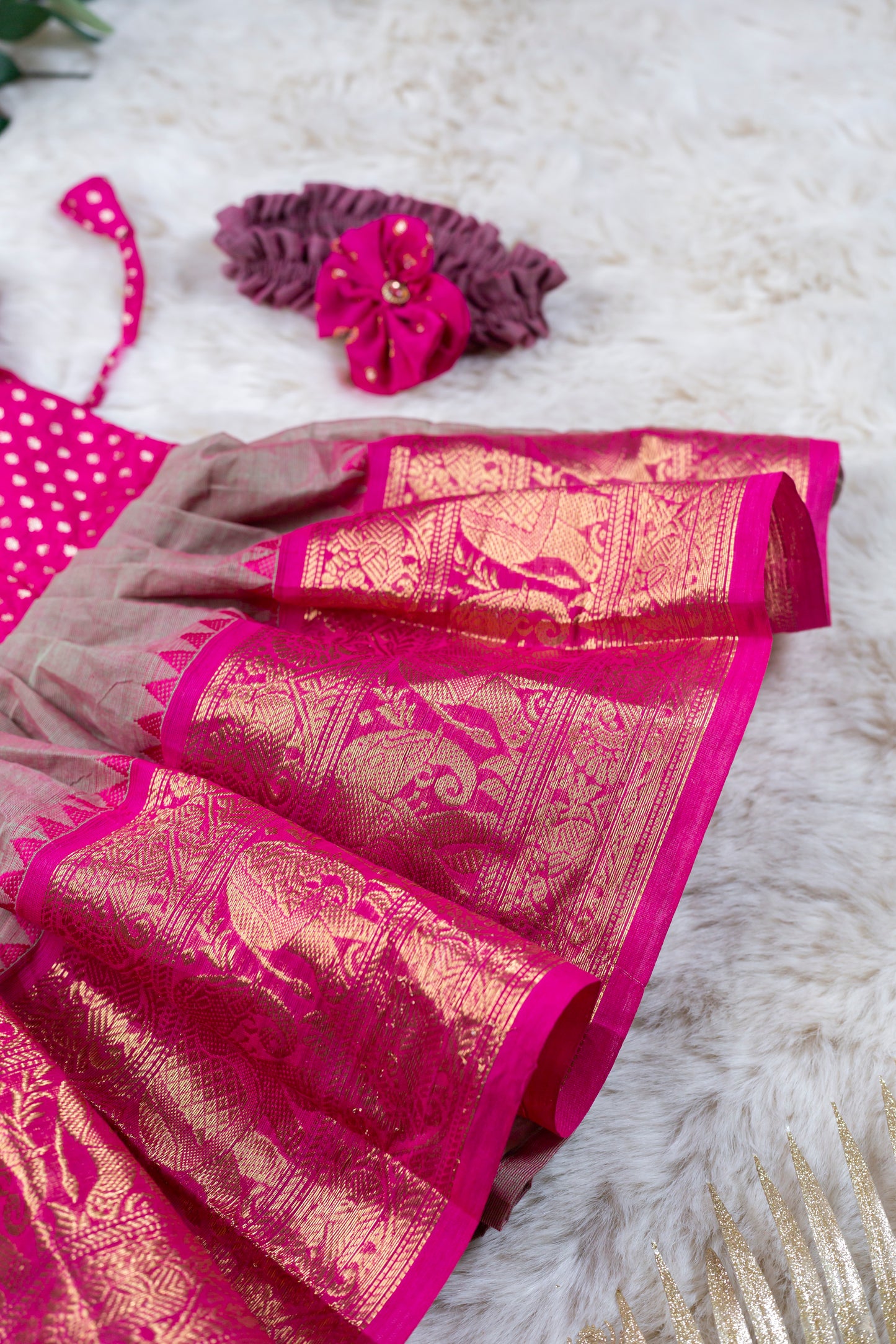 Dual shade pink with maharani pink (Vintage Collar) Big Border - Kanchi Cotton Silk South Indian Ethnic Frock for Baby Girl