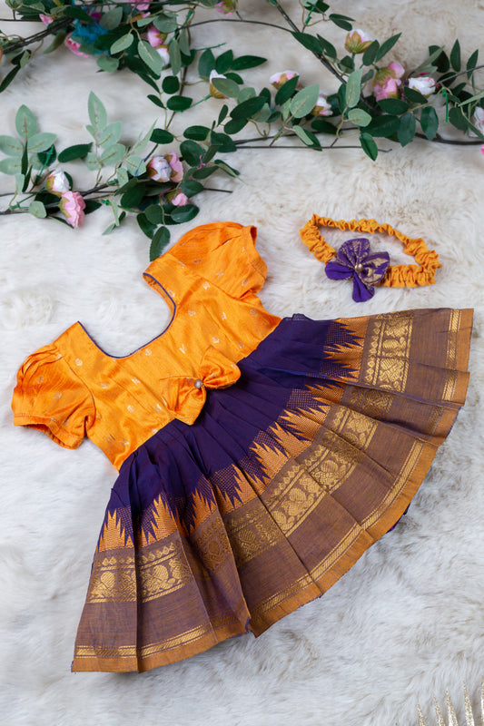 Sunshine yellow with purple - Kanchi Cotton Silk South Indian Ethnic Frock for Baby Girl