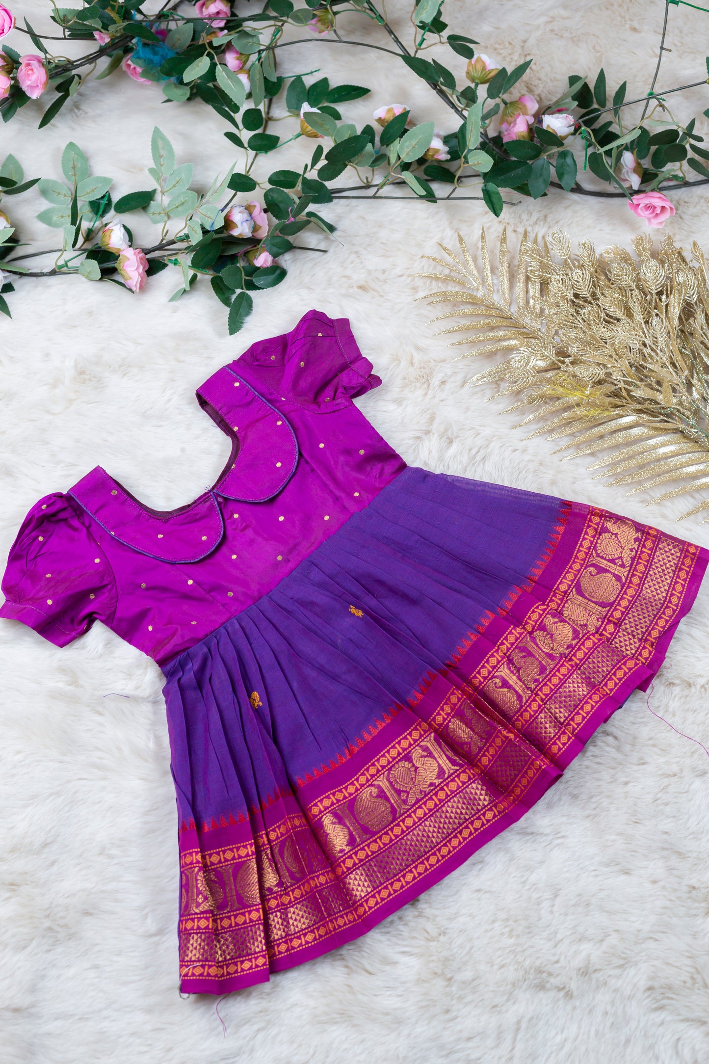 Rich Pink with purple (Vintage Collar) - Kanchi Cotton Silk South Indian Ethnic Frock for Baby Girl