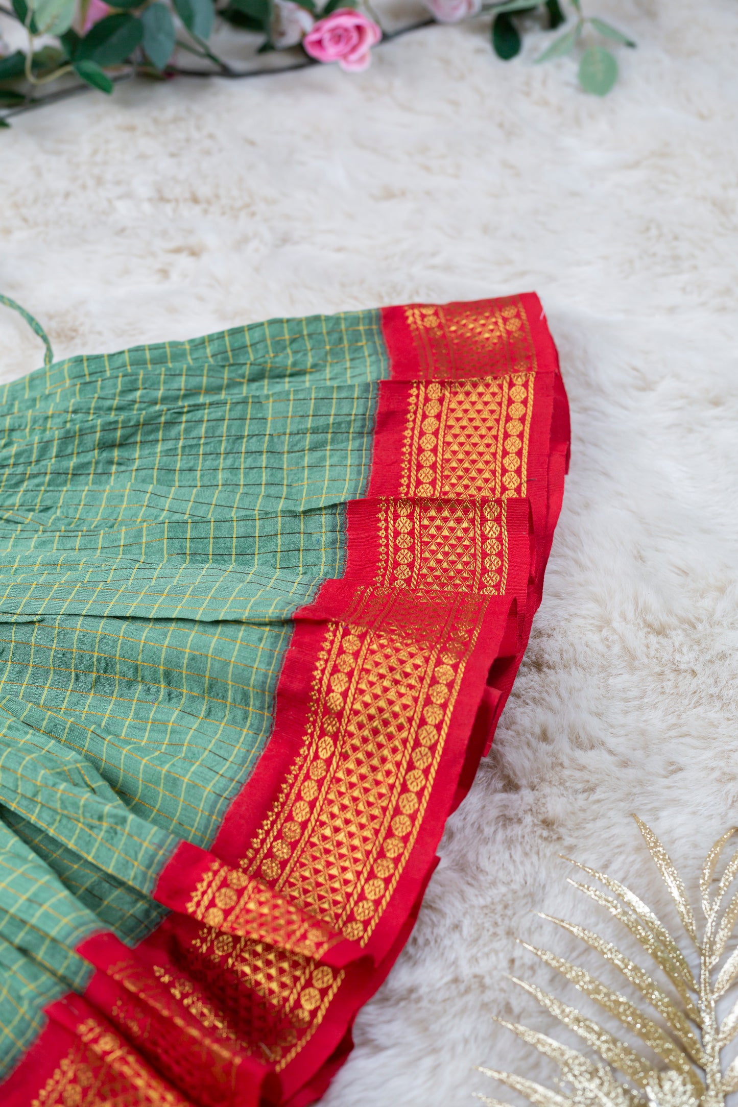Light Green with red zari work - Kanchi Cotton Silk South Indian Ethnic Frock for Baby Girl