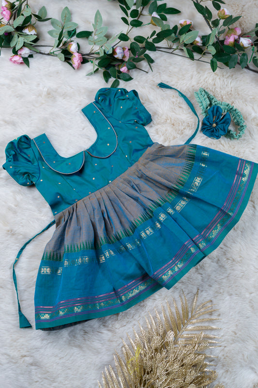 Sky Blue with Grey (Vintage Collar) - Kanchi Cotton Silk South Indian Ethnic Frock for Baby Girl