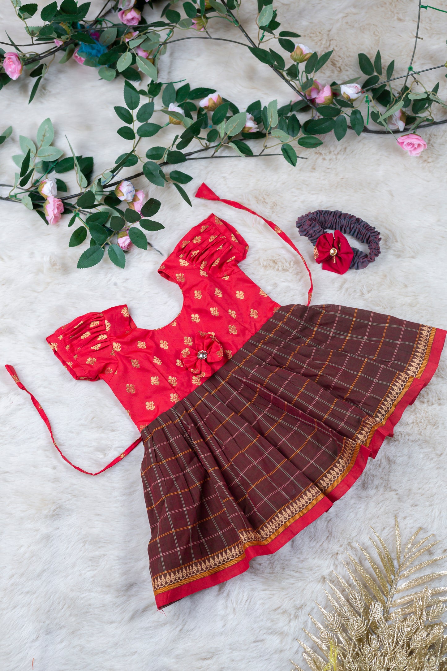 Red and checked brown (Vintage Bow) - Kanchi Cotton Silk South Indian Ethnic Frock for Baby Girl