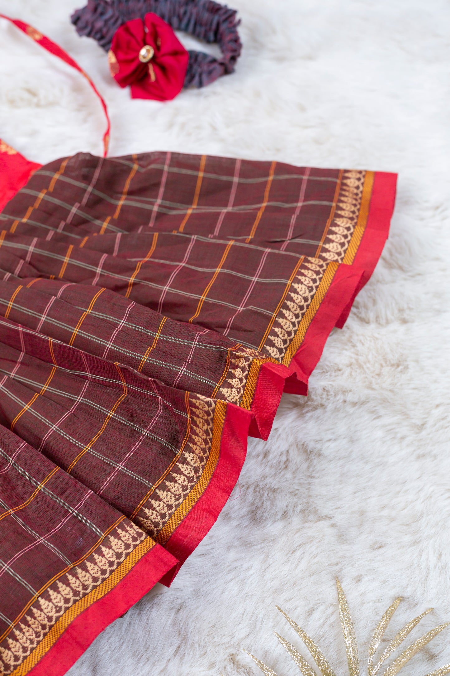 Red and checked brown (Vintage Bow) - Kanchi Cotton Silk South Indian Ethnic Frock for Baby Girl