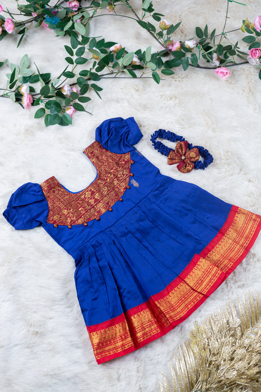 Traditional blue with red zari border kalyani cotton dress for baby girl