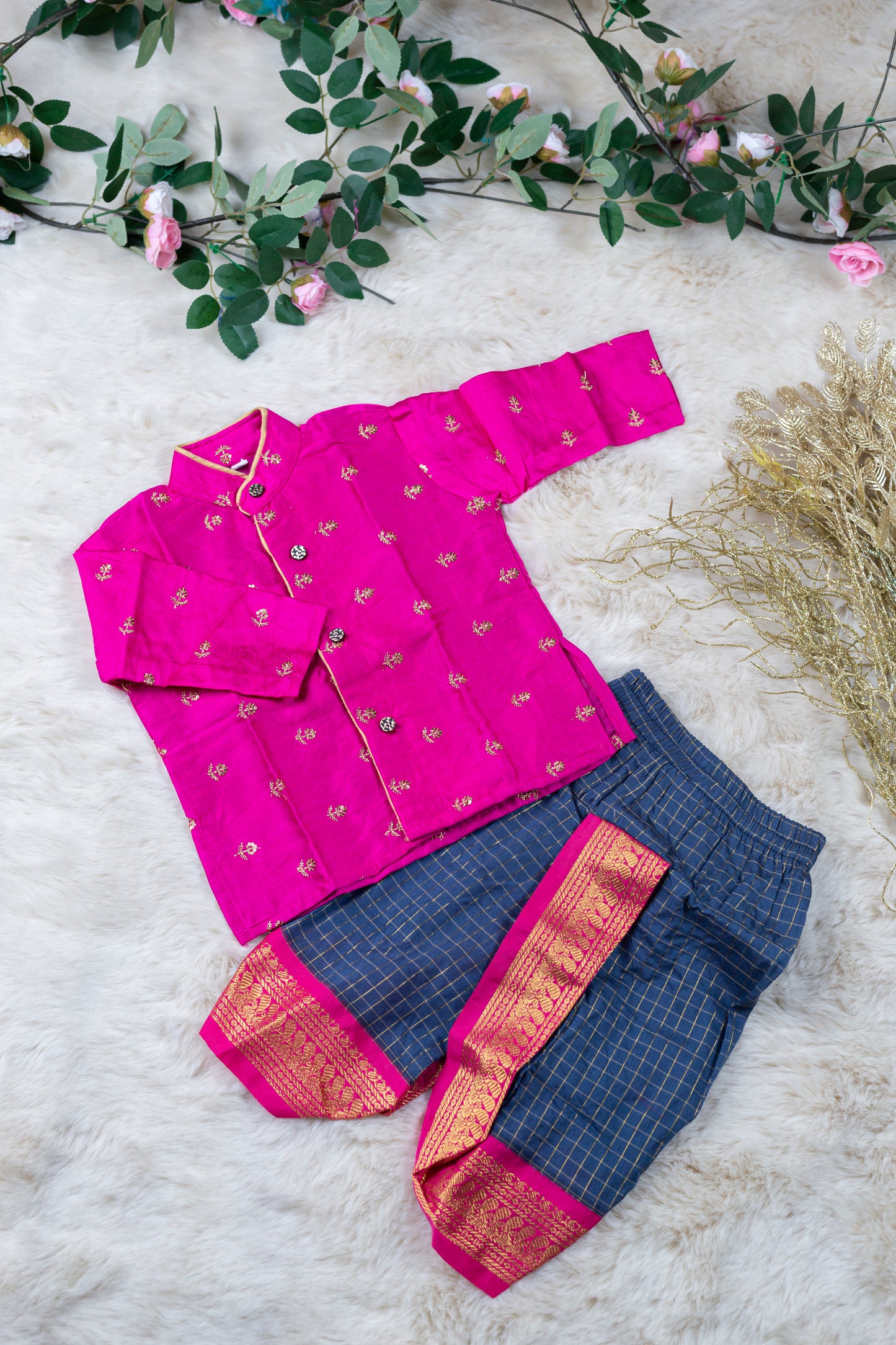 Pink with checked blue - kurta dhoti ethnic wear for baby boy