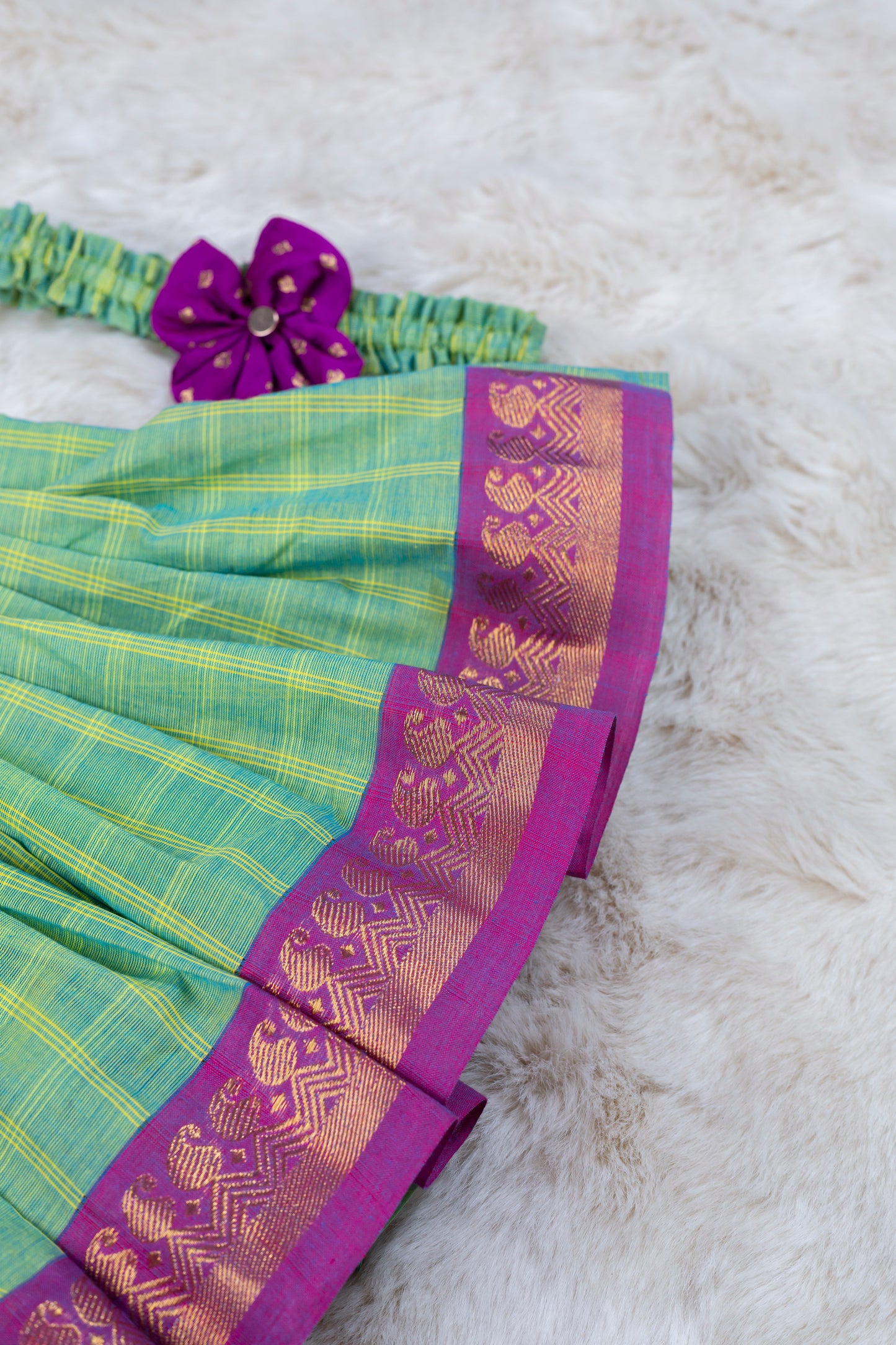 Light Green and Pink (Vintage Bow) - Kanchi Cotton Silk South Indian Ethnic Frock for Baby Girl