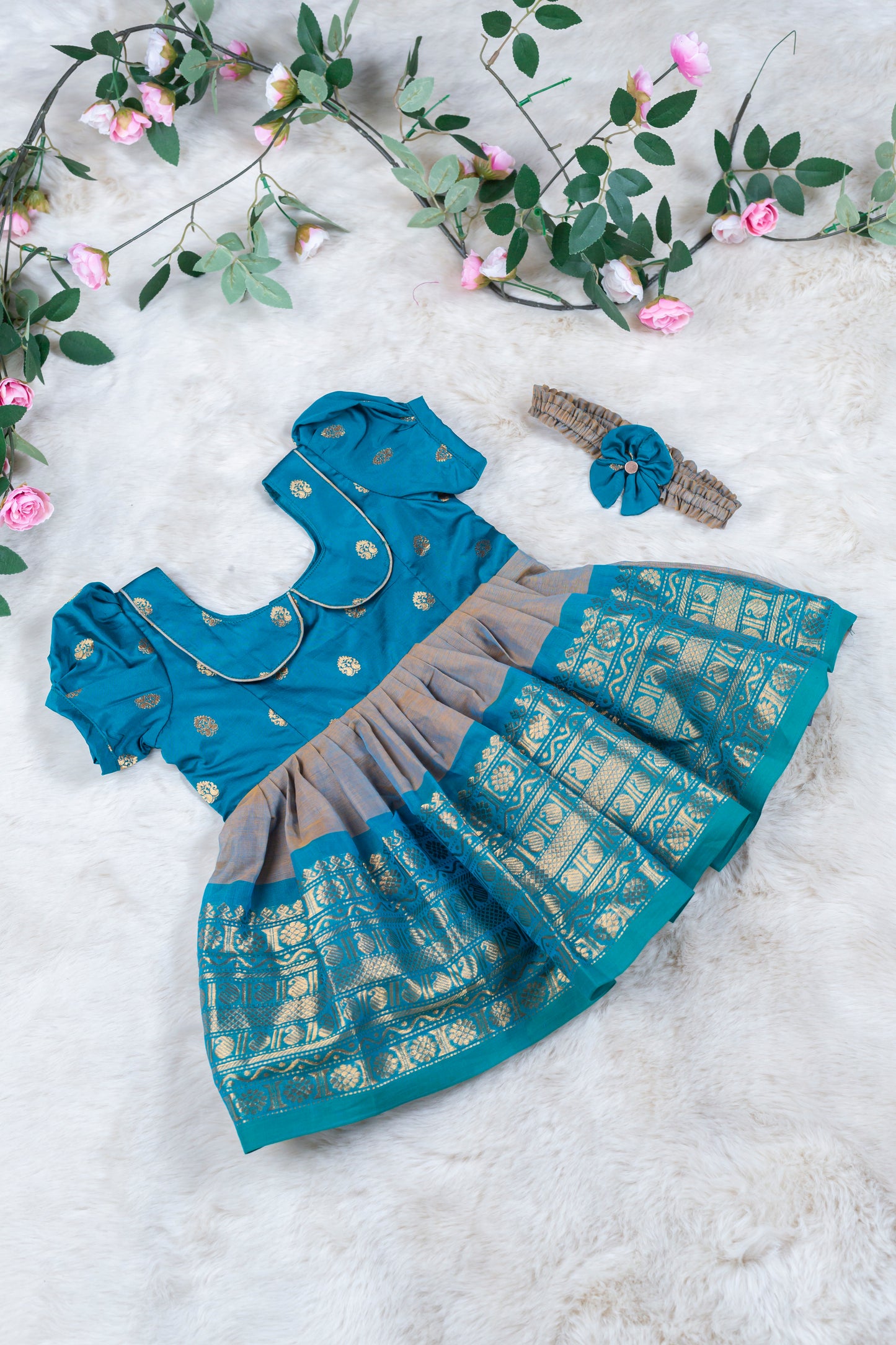 Sky Blue with dual grey (Vintage Collar) - Kanchi Cotton Silk South Indian Ethnic Frock for Baby Girl