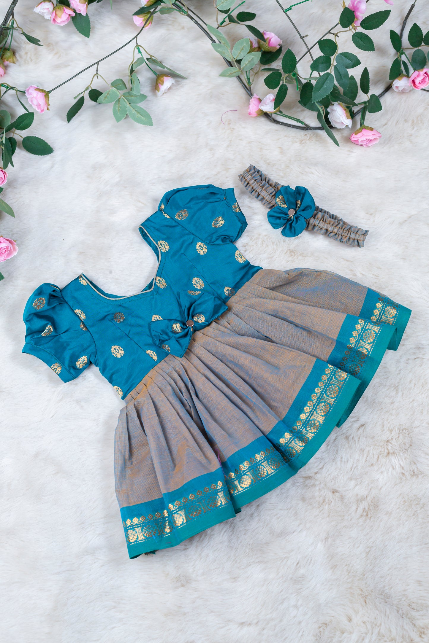 Sky Blue with dual grey (Vintage Bow) - Kanchi Cotton Silk South Indian Ethnic Frock for Baby Girl