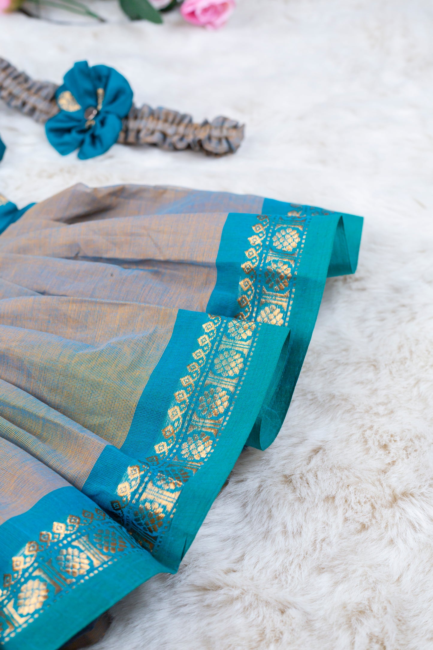 Sky Blue with dual grey (Vintage Bow) - Kanchi Cotton Silk South Indian Ethnic Frock for Baby Girl