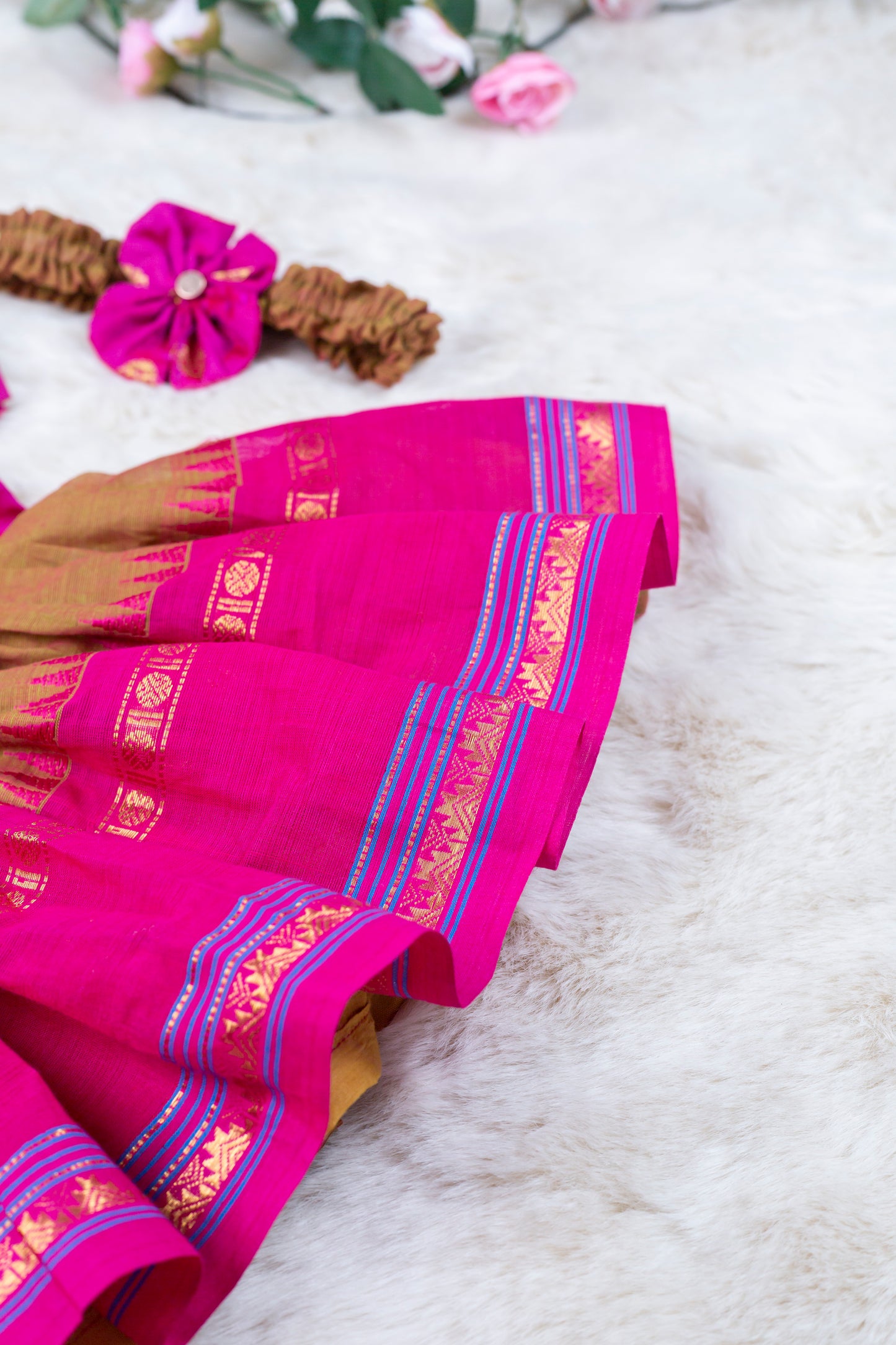 Pink with Mustard Brown (Vintage Bow) - Kanchi Cotton Silk South Indian Ethnic Frock for Baby Girl