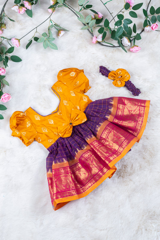 Golden Sunshine with checked purple (Vintage Bow) - Kanchi Cotton Silk South Indian Ethnic Frock for Baby Girl