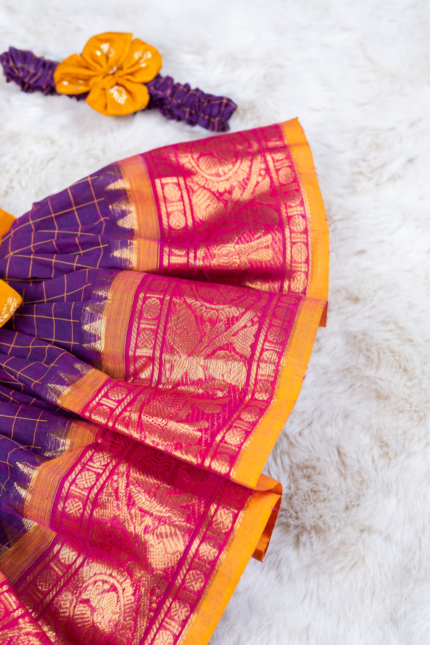 Golden Sunshine with checked purple (Vintage Bow) - Kanchi Cotton Silk South Indian Ethnic Frock for Baby Girl