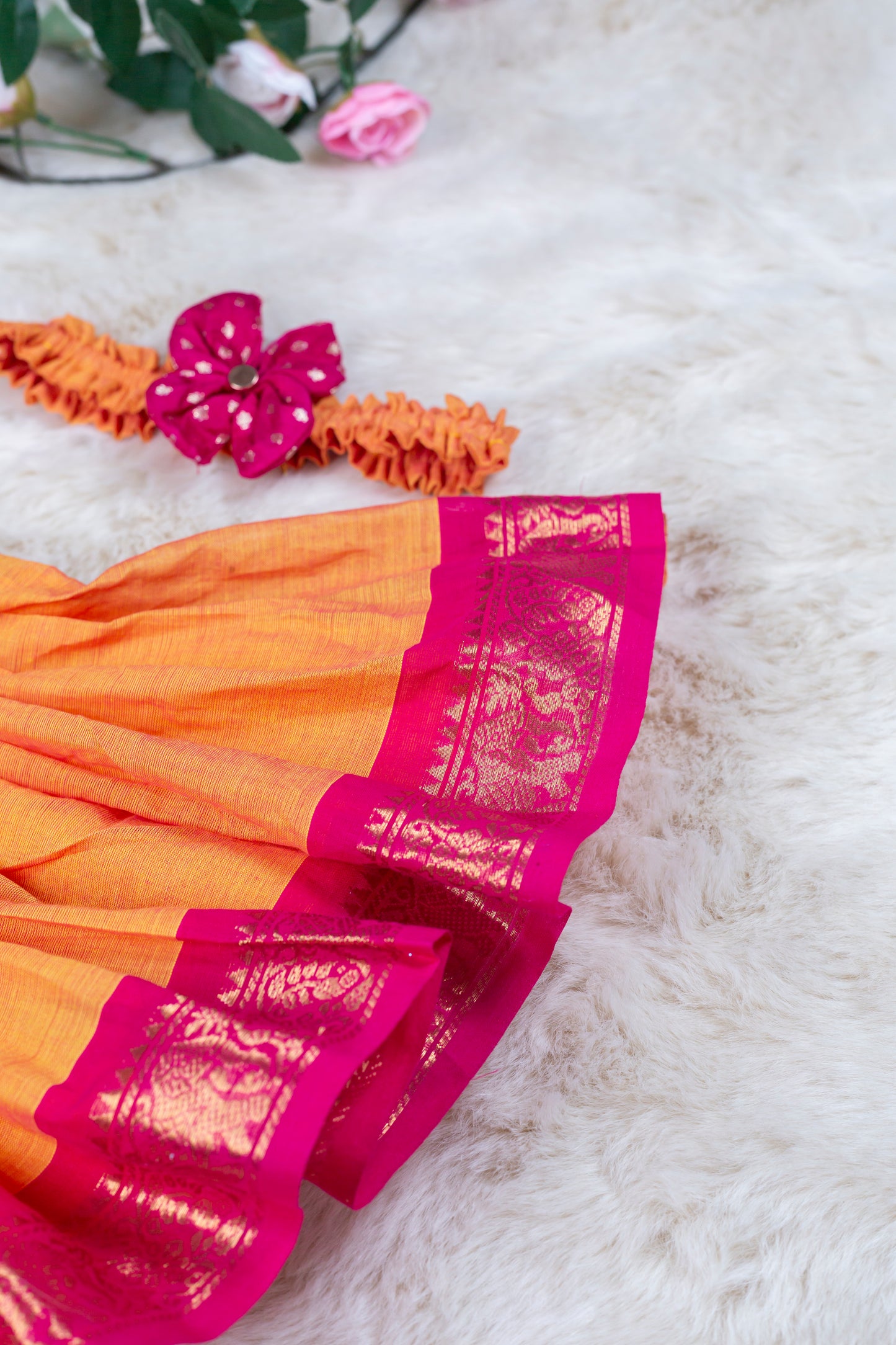 Saffron orange with pink (Vintage Bow) - Kanchi Cotton Silk South Indian Ethnic Frock for Baby Girl