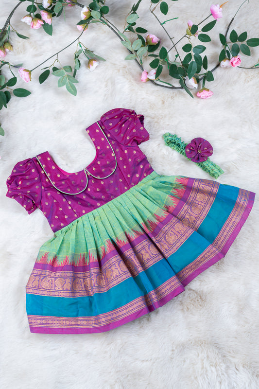 Wine'ish pink with multi-color border (Vintage Collar) - Kanchi Cotton Silk South Indian Ethnic Frock for Baby Girl