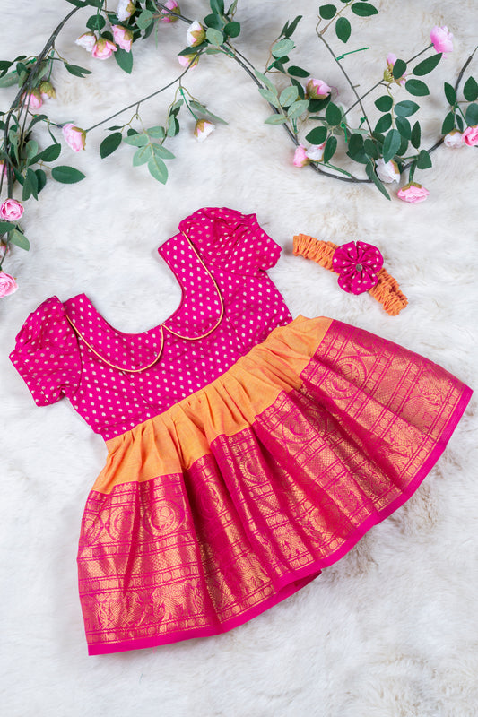 Saffron orange with pink (Vintage Collar) - Kanchi Cotton Silk South Indian Ethnic Frock for Baby Girl