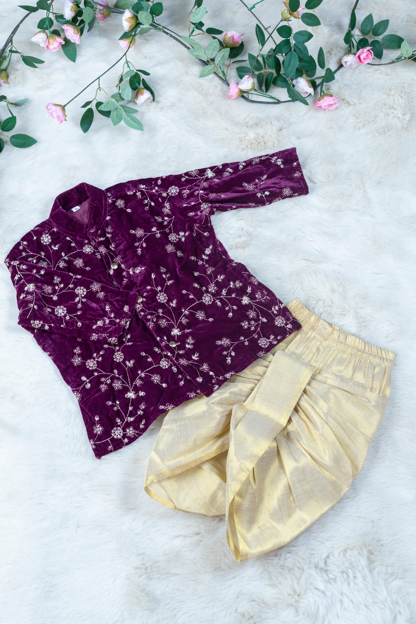 Deep wine velvet and Gold Dhoti Ethnic Wear for Baby Boy