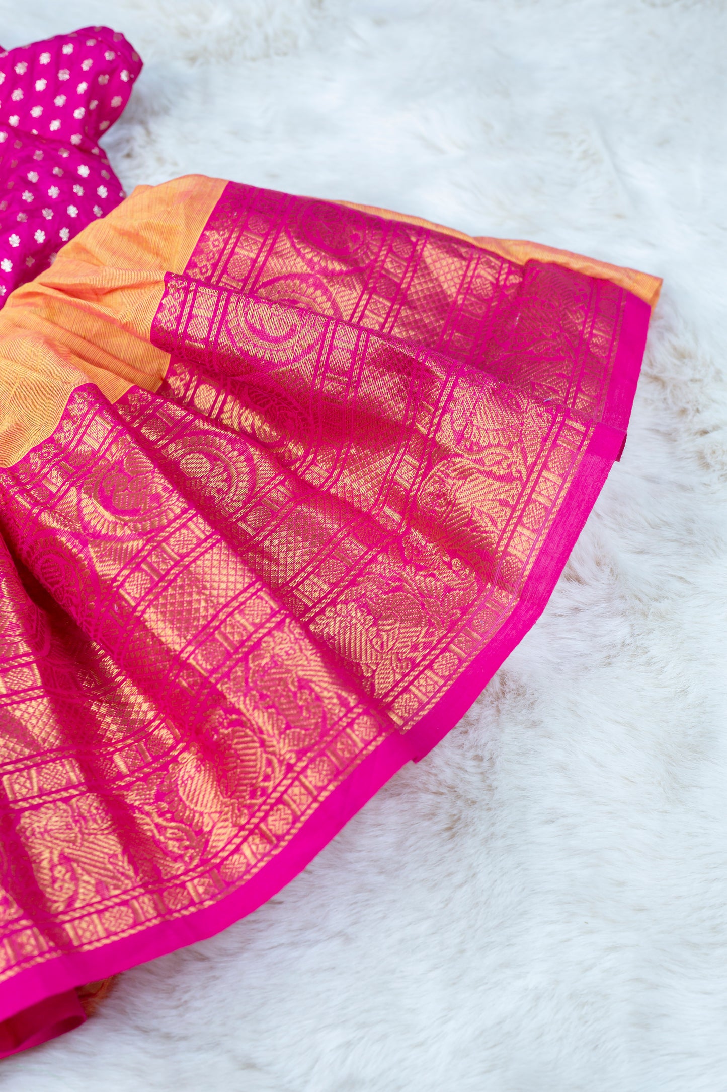 Saffron orange with pink (Vintage Collar) - Kanchi Cotton Silk South Indian Ethnic Frock for Baby Girl