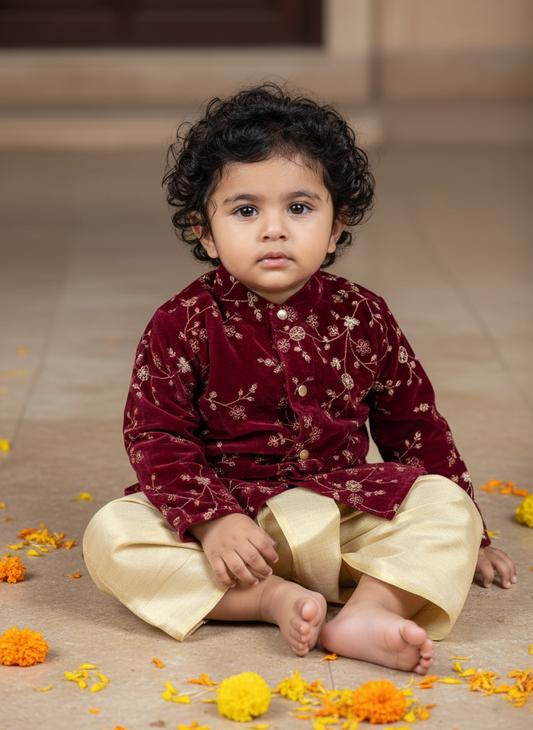 Dhoti Kurta for Baby Boy – Maroon Velvet Embroidered Kurta with Gold Tissue Silk Dhoti