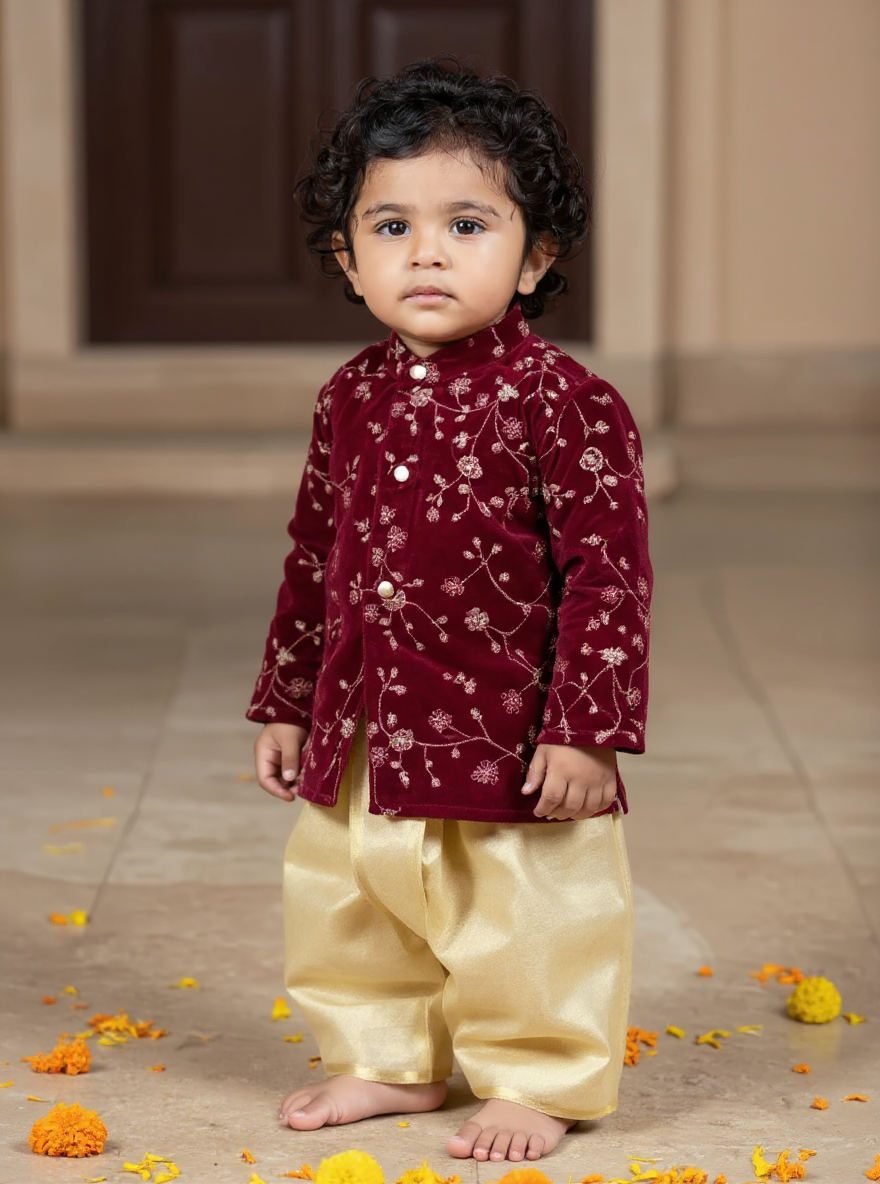 Dhoti Kurta for Baby Boy – Maroon Velvet Embroidered Kurta with Gold Tissue Silk Dhoti