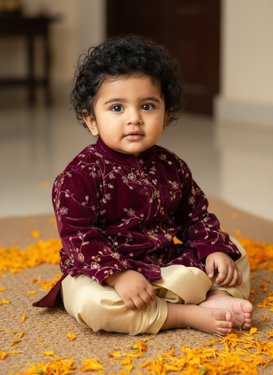 Deep Wine Velvet and Gold Dhoti Kurta for Boys and Baby Boys
