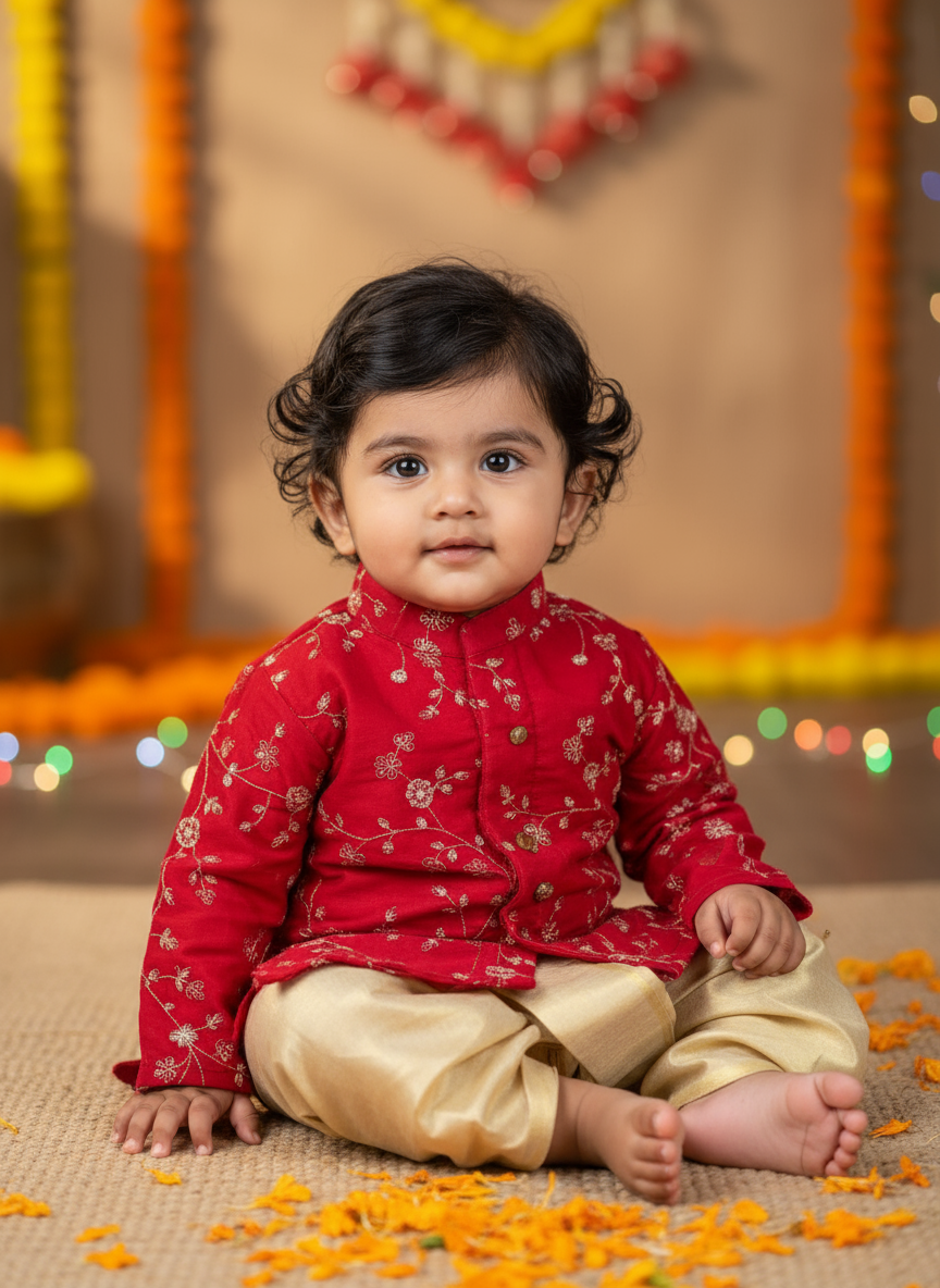 Royal Red and Gold Dhoti Kurta for Boys – Traditional Ethnic Wear for Baby Boy