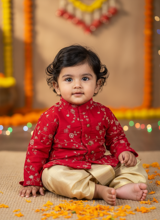 Royal Red and Gold Dhoti Kurta for Boys – Traditional Ethnic Wear for Baby Boy
