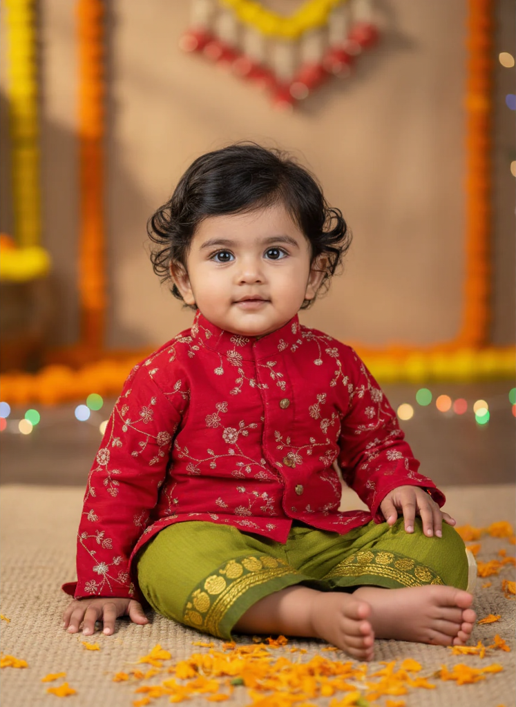 Royal Red and Green Dhoti Kurta for Boys – Traditional Ethnic Wear for Baby Boy