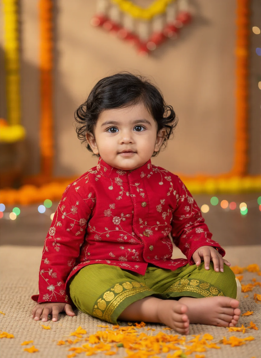 Royal Red and Green Dhoti Kurta for Boys – Traditional Ethnic Wear for Baby Boy