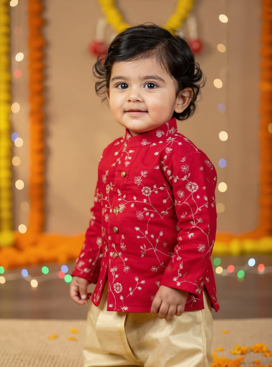 Royal Red and Gold Dhoti Kurta for Boys – Traditional Ethnic Wear for Baby Boy