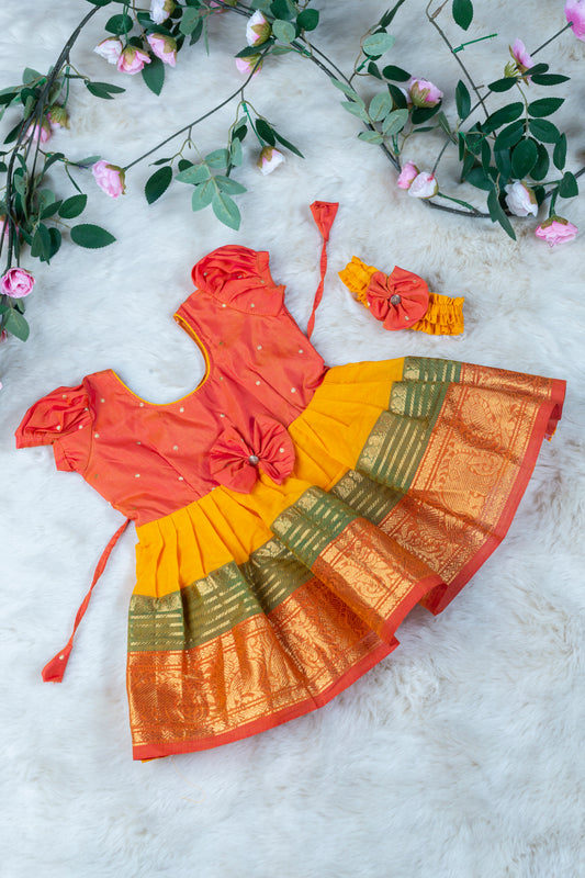 Orange with Bright Yellow (Vintage Bow) - Kanchi Cotton Silk South Indian Ethnic Frock for Baby Girl