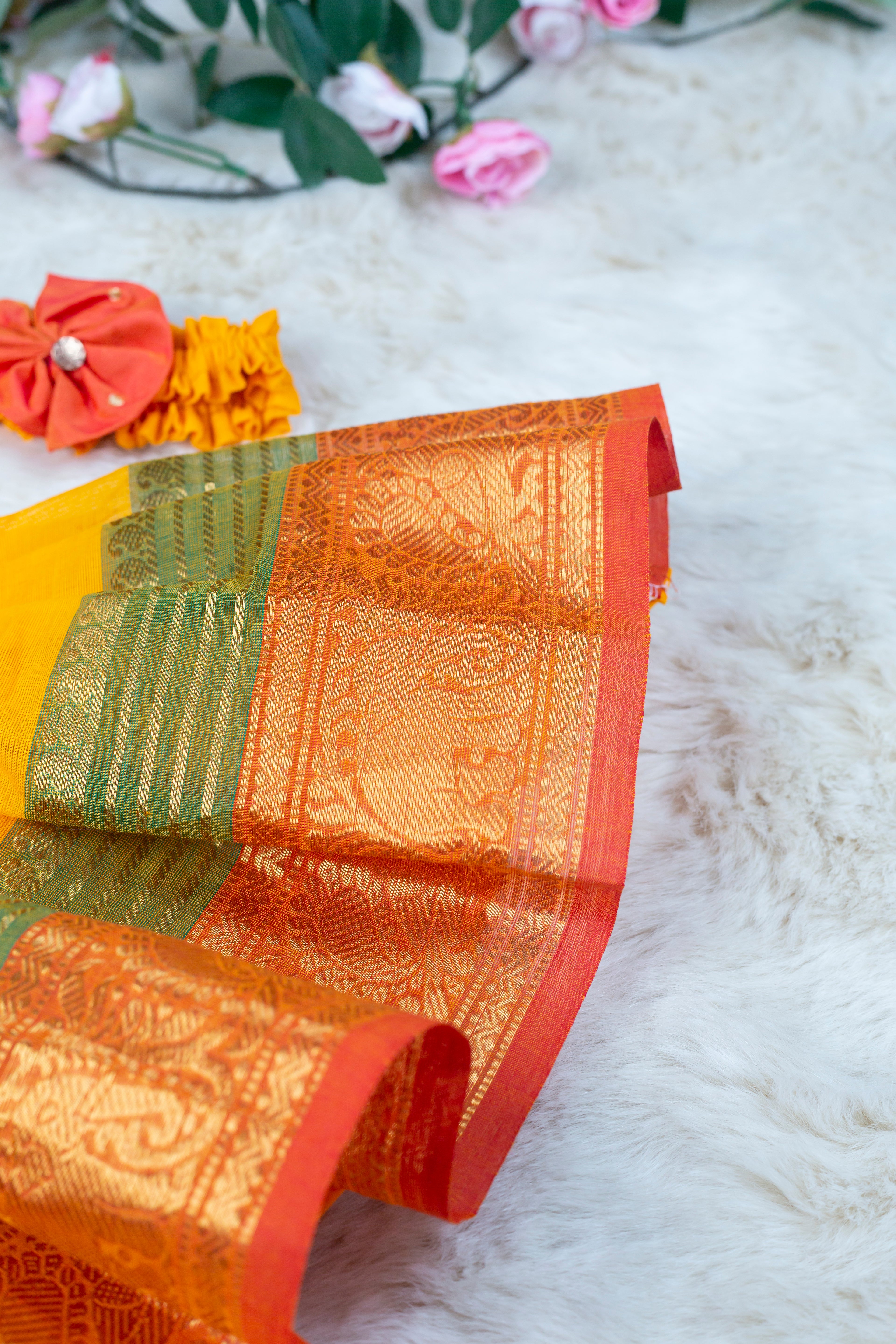 Orange with Bright Yellow (Vintage Bow) - Kanchi Cotton Silk South Indian Ethnic Frock for Baby Girl