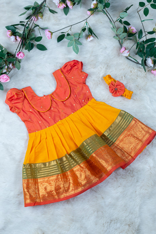 Orange with Bright Yellow (Vintage Collar) - Kanchi Cotton Silk South Indian Ethnic Frock for Baby Girl