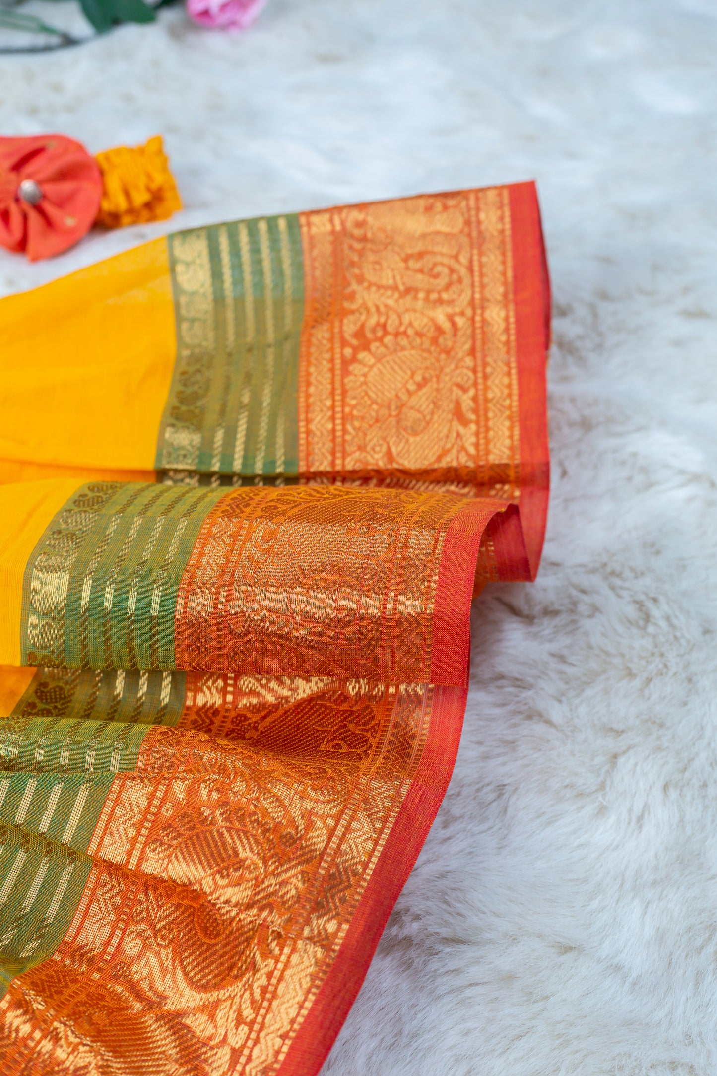 Orange with Bright Yellow (Vintage Collar) - Kanchi Cotton Silk South Indian Ethnic Frock for Baby Girl