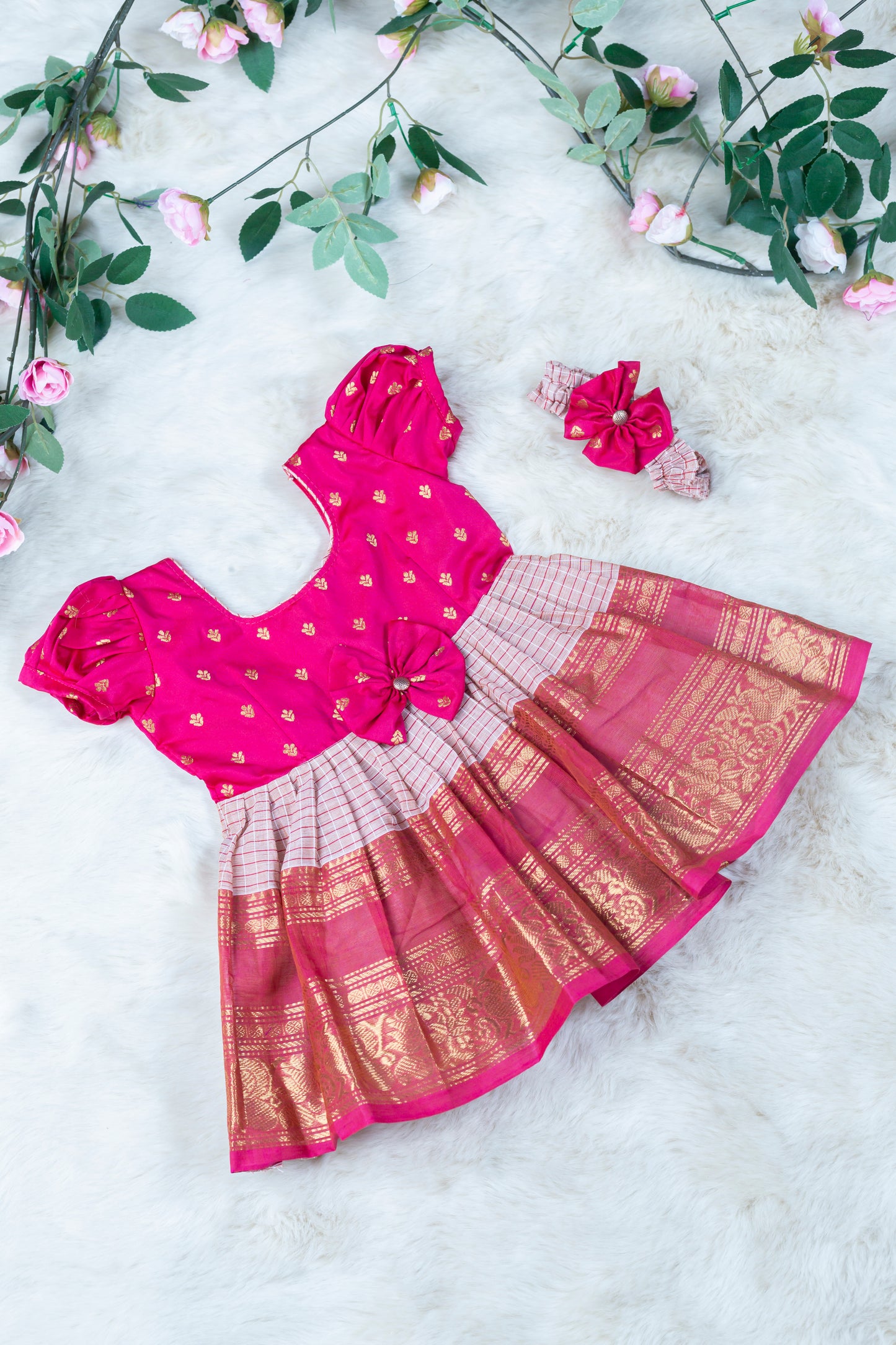 Pink with checked light pink (Vintage Bow) - Kanchi Cotton Silk South Indian Ethnic Frock for Baby Girl