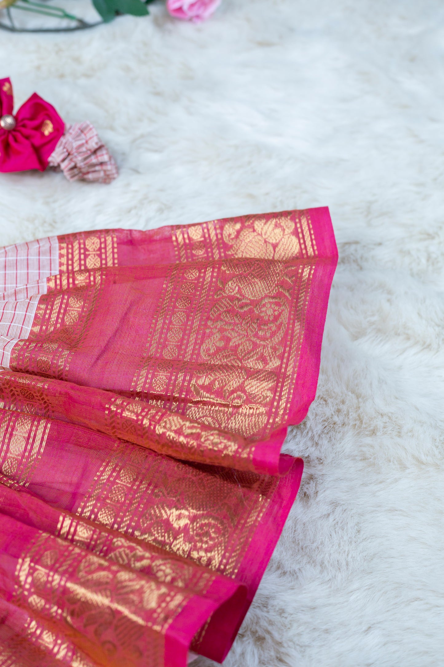 Pink with checked light pink (Vintage Bow) - Kanchi Cotton Silk South Indian Ethnic Frock for Baby Girl