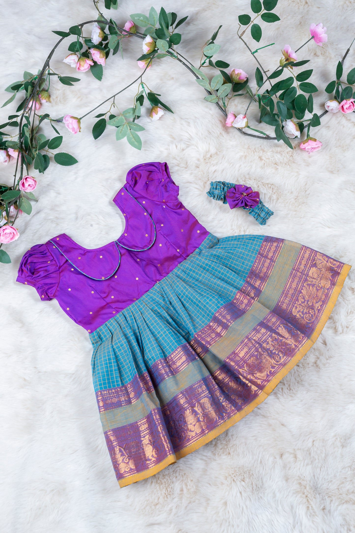 Purple with checked blue (Vintage Collar) - Kanchi Cotton Silk South Indian Ethnic Frock for Baby Girl
