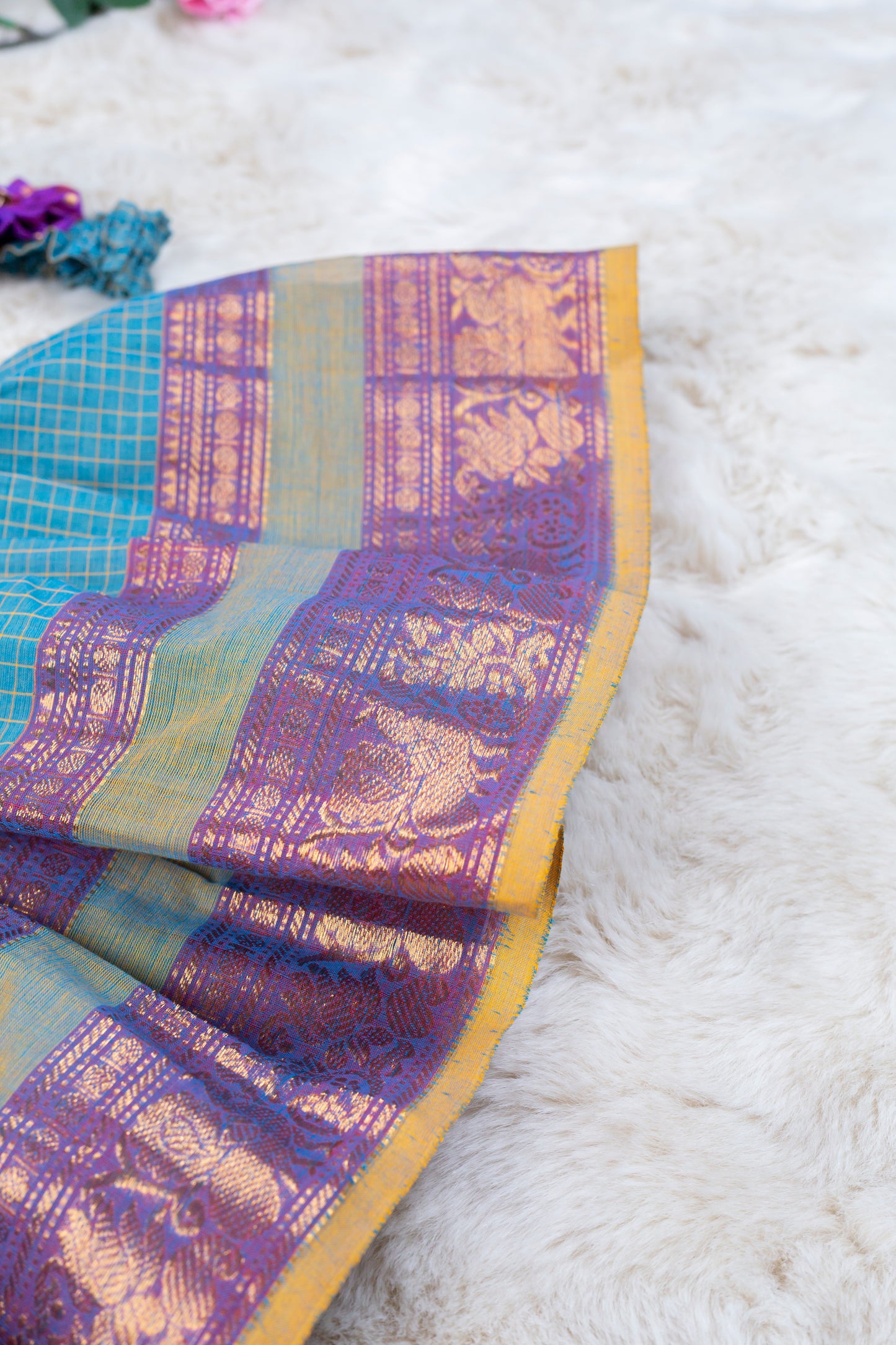 Purple with checked blue (Vintage Collar) - Kanchi Cotton Silk South Indian Ethnic Frock for Baby Girl