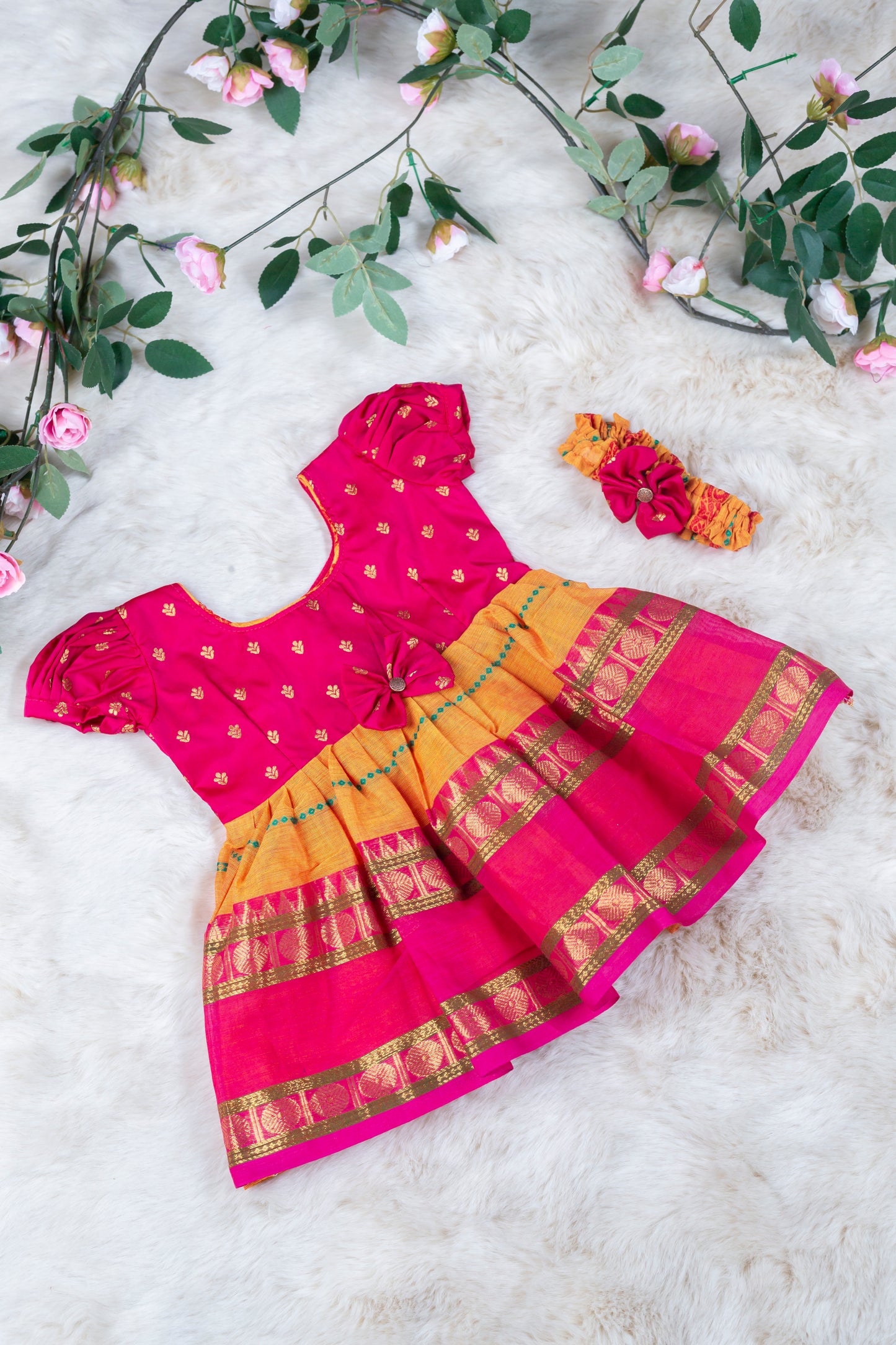 Beautiful Yellow and pink (Vintage Bow) - Kanchi Cotton Silk South Indian Ethnic Frock for Baby Girl