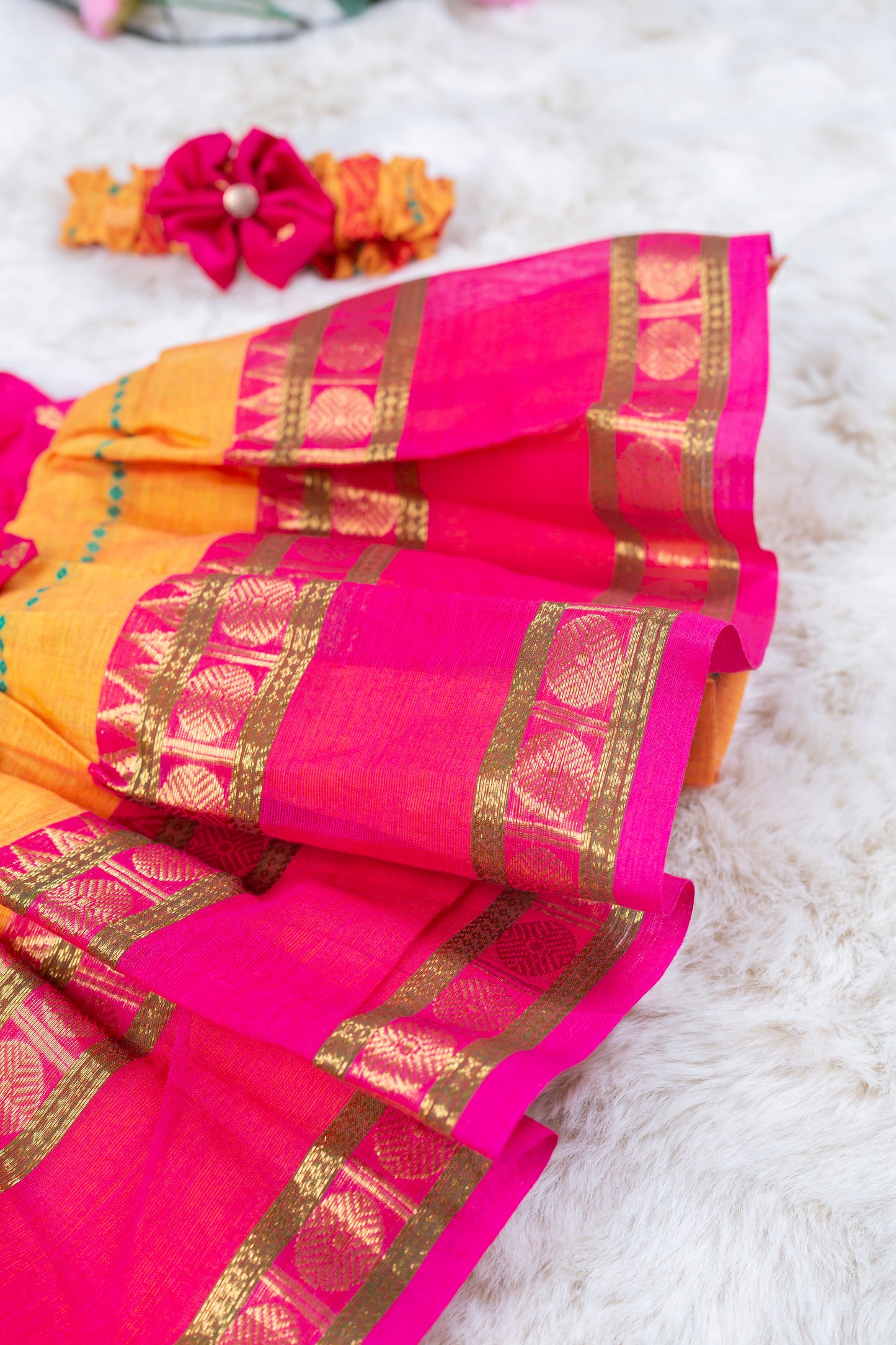 Beautiful Yellow and pink (Vintage Bow) - Kanchi Cotton Silk South Indian Ethnic Frock for Baby Girl