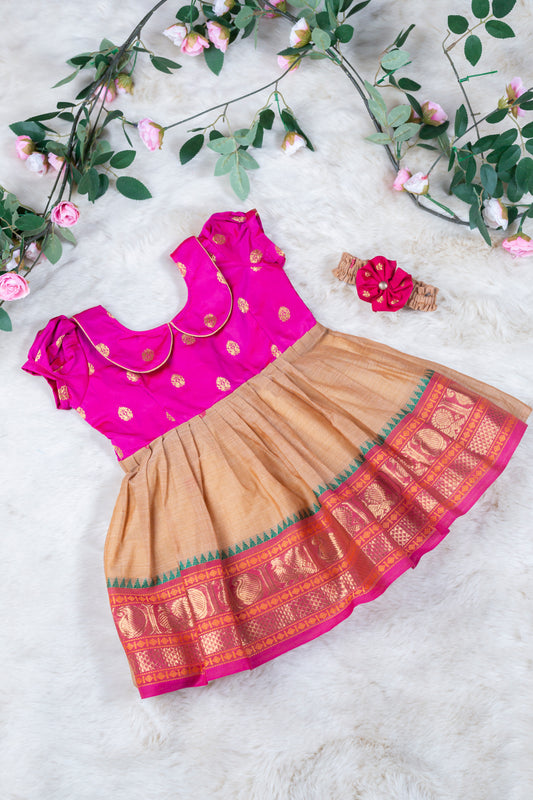 Pink with golden hue (Vintage Collar) - Kanchi Cotton Silk South Indian Ethnic Frock for Baby Girl