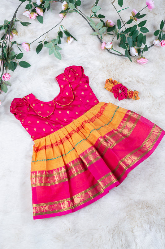 Beautiful Yellow and pink (Vintage Collar) - Kanchi Cotton Silk South Indian Ethnic Frock for Baby Girl