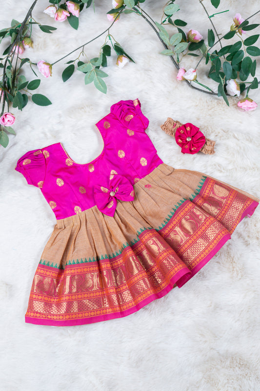 Pink with golden hue (Vintage Bow) - Kanchi Cotton Silk South Indian Ethnic Frock for Baby Girl