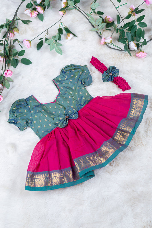 Dual Pink with kumkum pink (Vintage Bow) - Kanchi Cotton Silk South Indian Ethnic Frock for Baby Girl