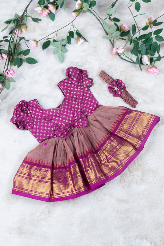 Magenta with rare pink (Vintage Bow) - Kanchi Cotton Silk South Indian Ethnic Frock for Baby Girl