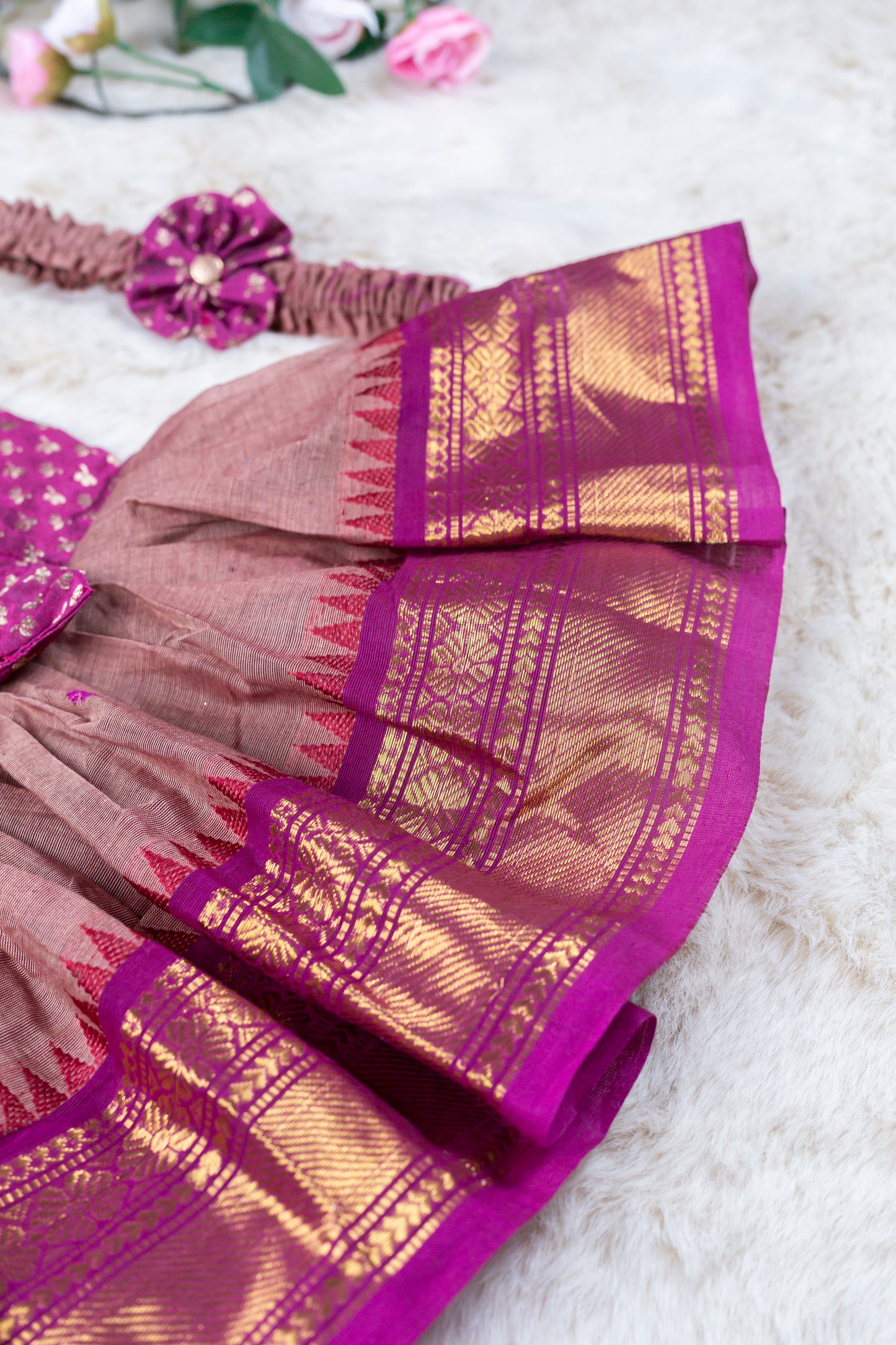 Magenta with rare pink (Vintage Bow) - Kanchi Cotton Silk South Indian Ethnic Frock for Baby Girl