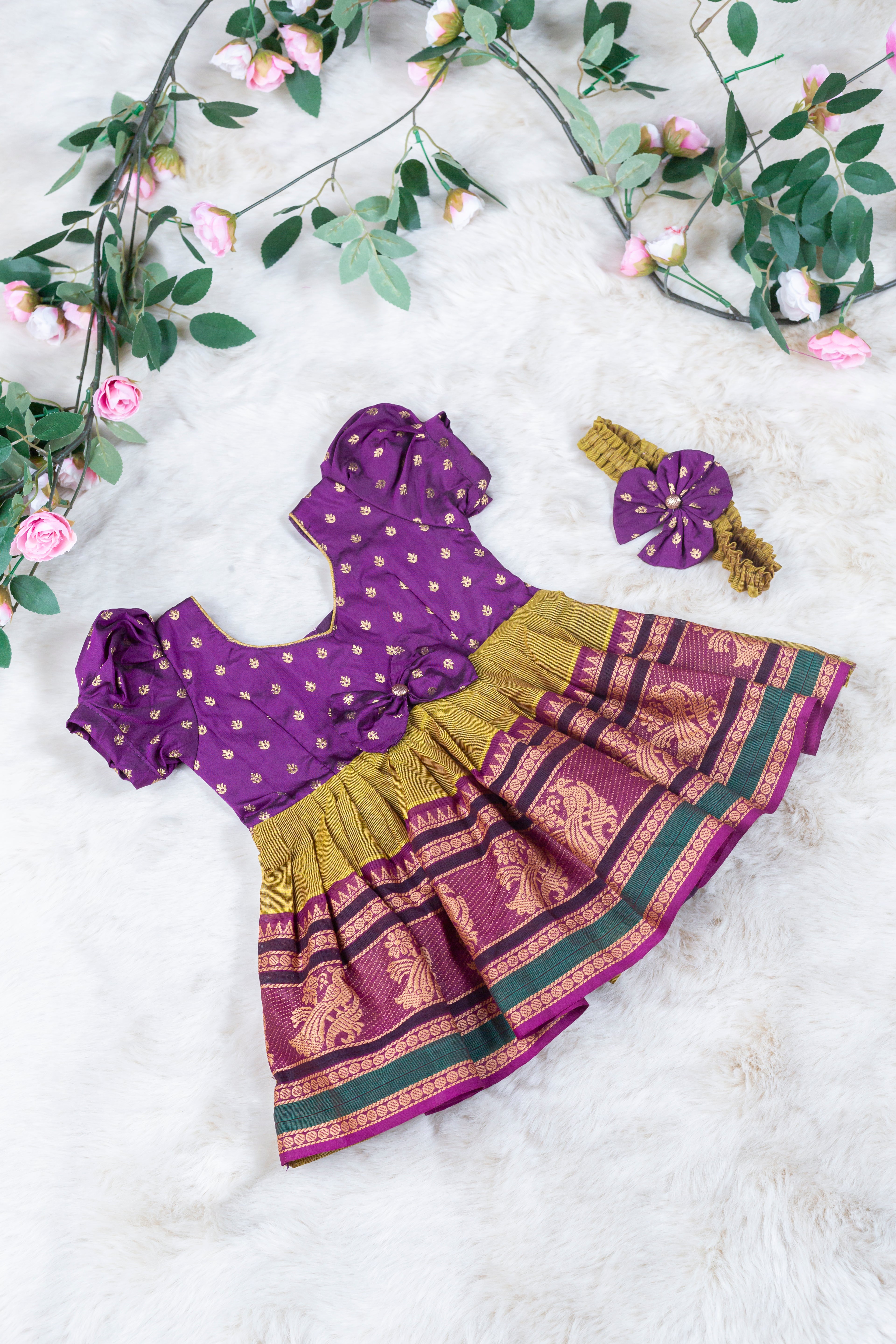 Wine with multicolor border (Vintage Bow) - Kanchi Cotton Silk South Indian Ethnic Frock for Baby Girl