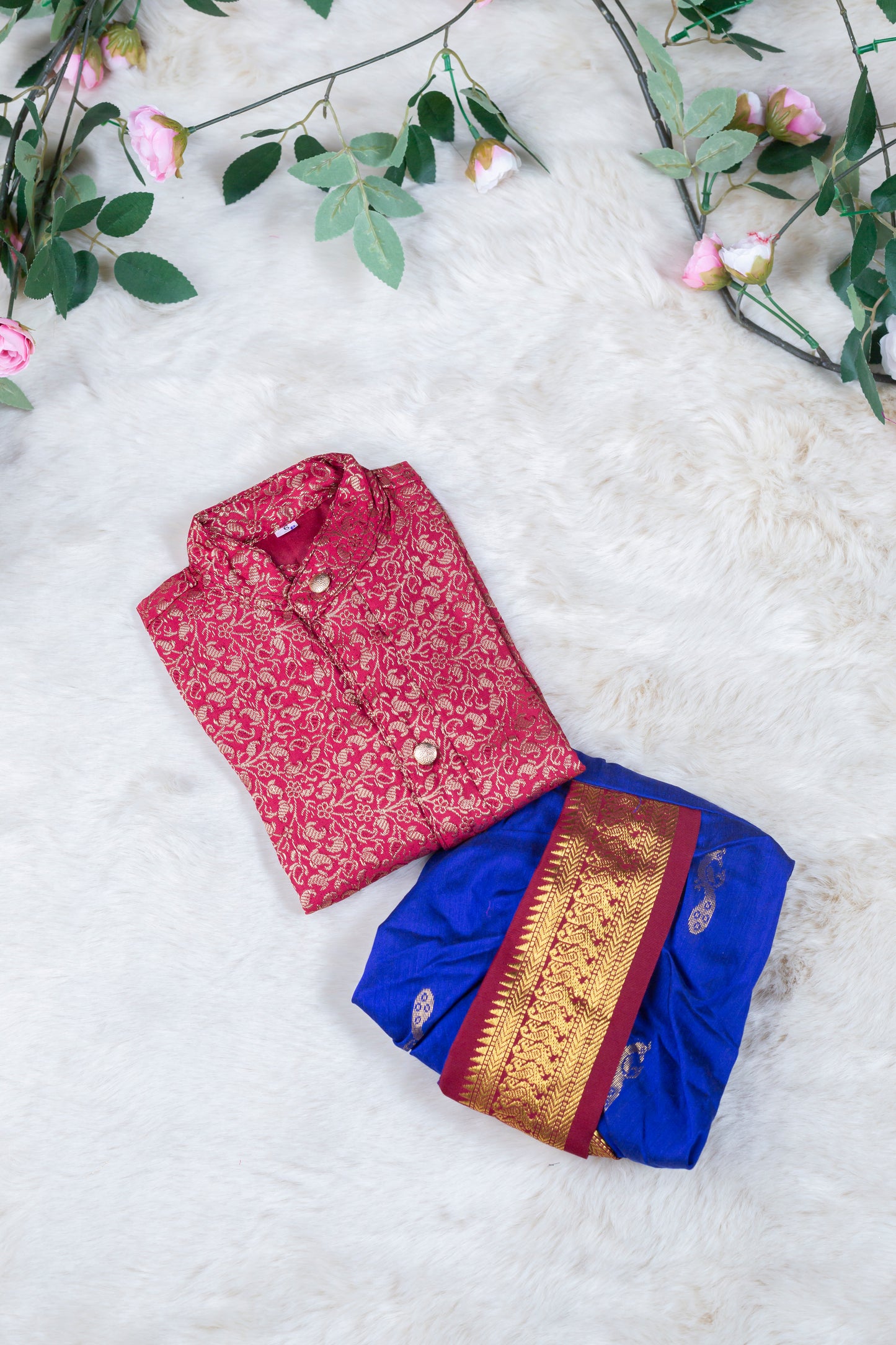 Maroon with royal blue kurta dhoti ethnic wear for baby boy