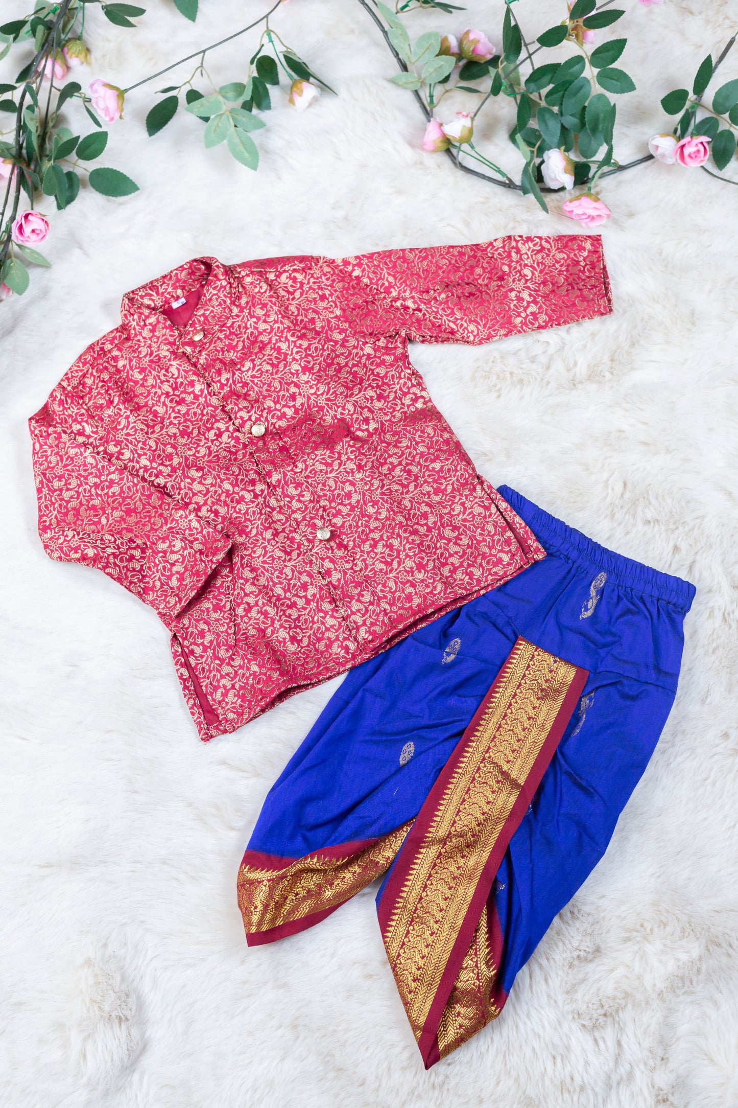 Maroon with royal blue kurta dhoti ethnic wear for baby boy